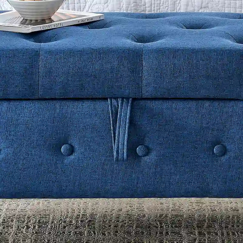 Banc de rangement capitonné bleu/beige – 2 places, accoudoirs arrondis