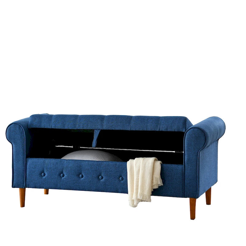 Banc de rangement capitonné bleu/beige – 2 places, accoudoirs arrondis