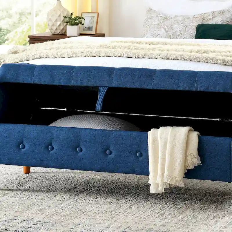 Banc de rangement capitonné bleu/beige – 2 places, accoudoirs arrondis