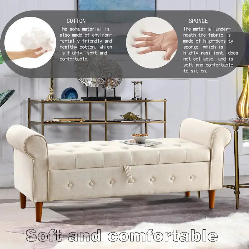 Banc de rangement capitonné bleu/beige – 2 places, accoudoirs arrondis