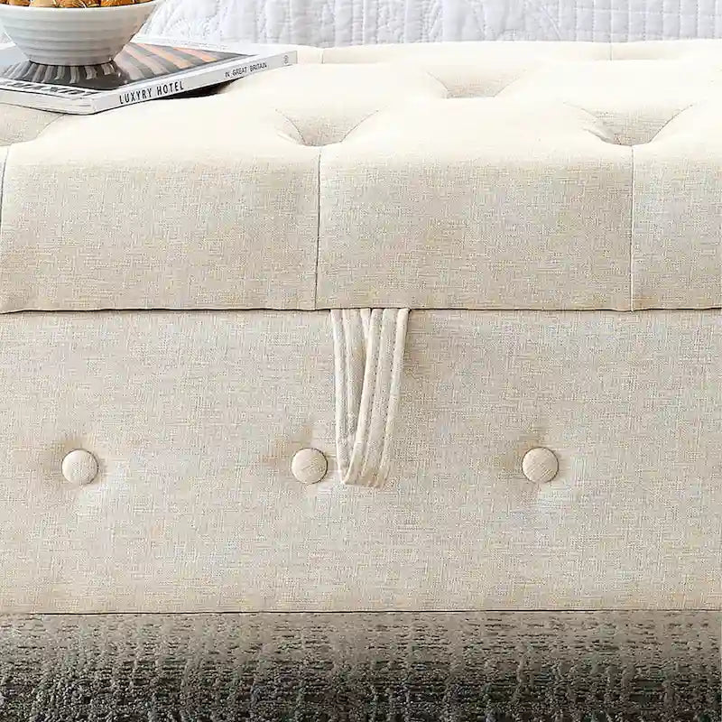Banc de rangement capitonné bleu/beige – 2 places, accoudoirs arrondis
