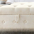 Banc de rangement capitonné bleu/beige – 2 places, accoudoirs arrondis