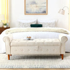 Banc de rangement capitonné bleu/beige – 2 places, accoudoirs arrondis