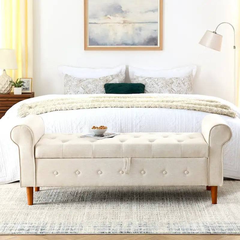 Banc de rangement capitonné bleu/beige – 2 places, accoudoirs arrondis