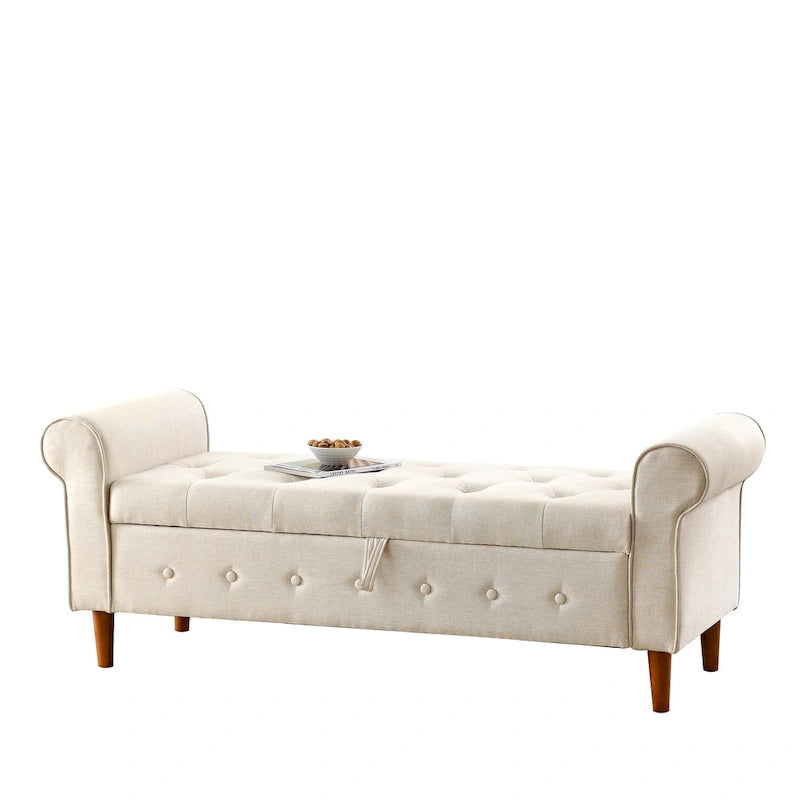 Banc de rangement capitonné bleu/beige – 2 places, accoudoirs arrondis