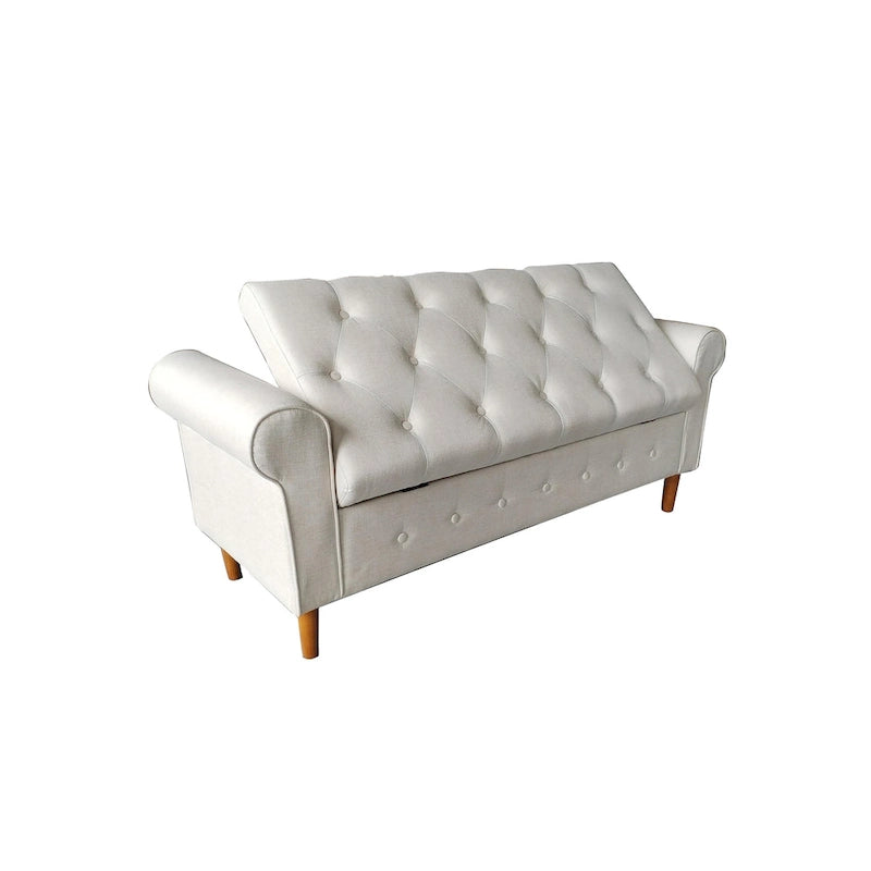 Banc de rangement capitonné bleu/beige – 2 places, accoudoirs arrondis