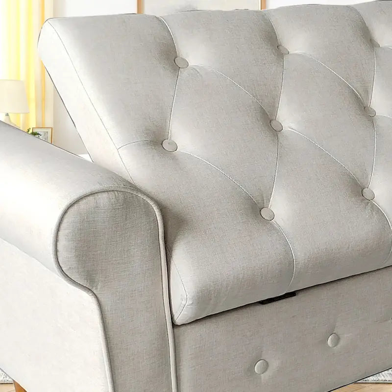 Banc de rangement capitonné bleu/beige – 2 places, accoudoirs arrondis