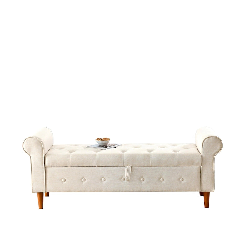 Banc de rangement capitonné bleu/beige – 2 places, accoudoirs arrondis