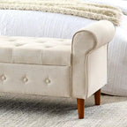 Banc de rangement capitonné bleu/beige – 2 places, accoudoirs arrondis