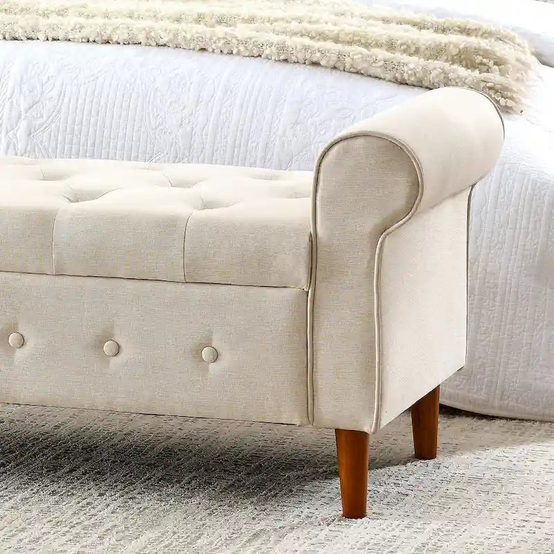 Banc de rangement capitonné bleu/beige – 2 places, accoudoirs arrondis
