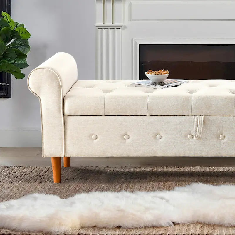 Banc de rangement capitonné bleu/beige – 2 places, accoudoirs arrondis