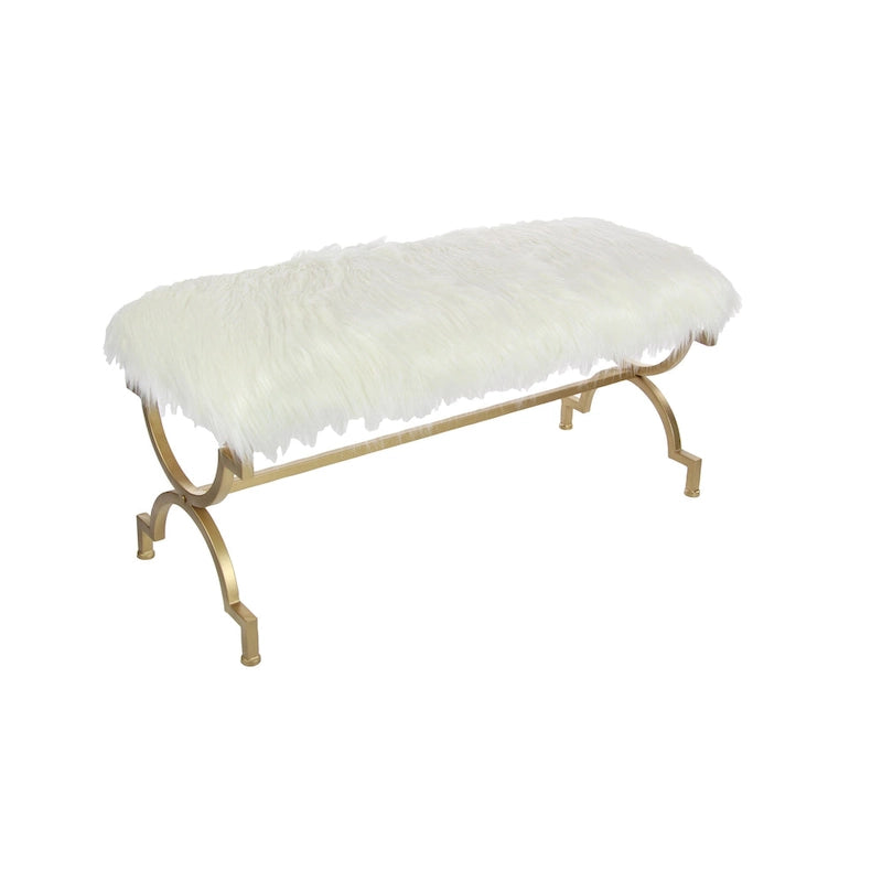 Metal Bench with White Faux Fur Top - Gold - Roche River Dcor. - 17 Wx42 Lx20 H