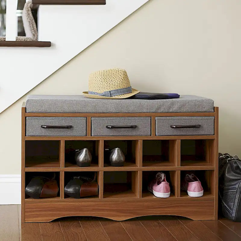 Banc à chaussures d'entrée rembourré marron – 10 compartiments, 3 tiroirs