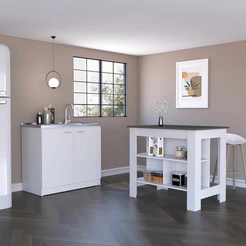 Ensemble 2 éléments îlot de cuisine et meuble sous-évier – Noyer / Onyx / Chêne clair