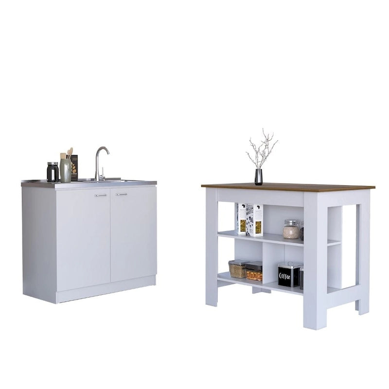 Ensemble 2 éléments îlot de cuisine et meuble sous-évier – Noyer / Onyx / Chêne clair