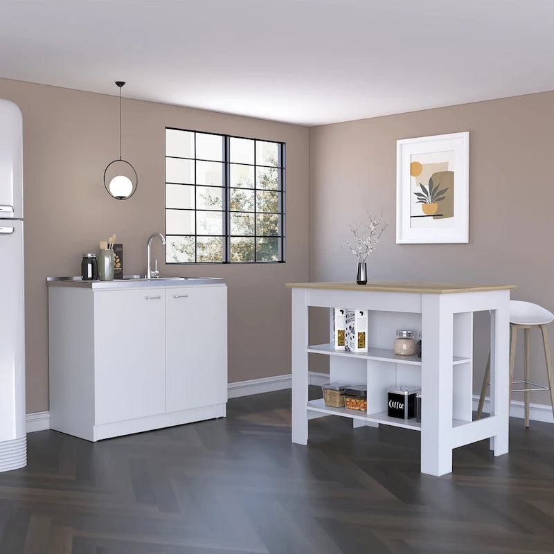 Ensemble 2 éléments îlot de cuisine et meuble sous-évier – Noyer / Onyx / Chêne clair