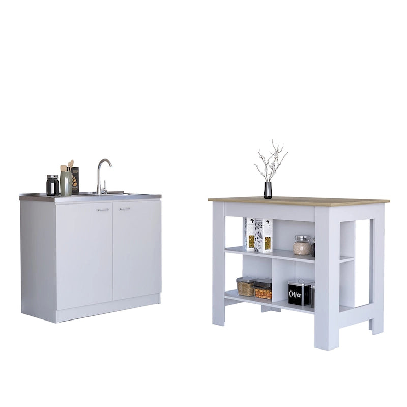 Ensemble 2 éléments îlot de cuisine et meuble sous-évier – Noyer / Onyx / Chêne clair