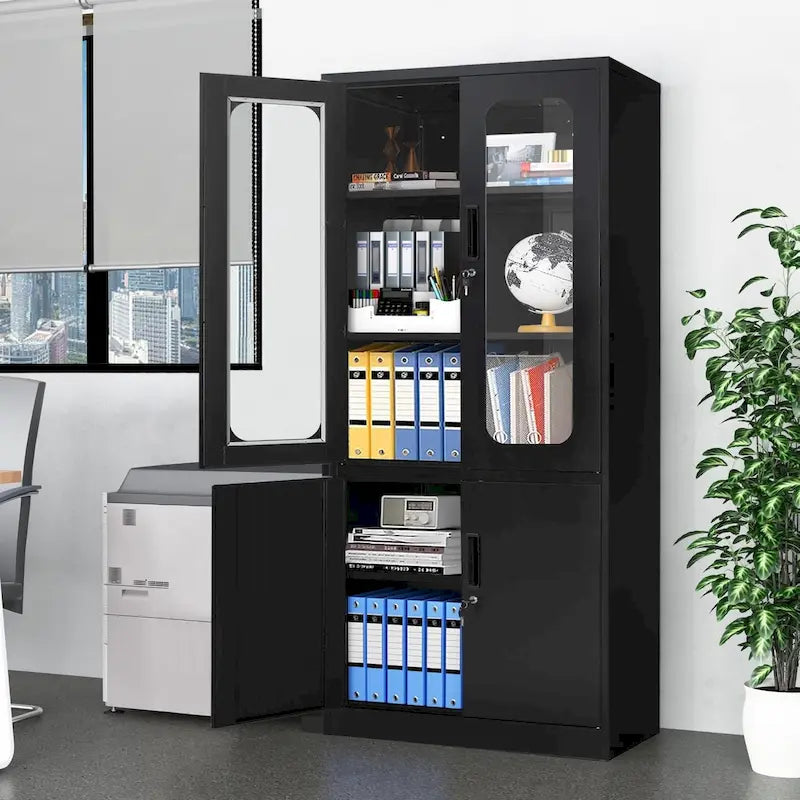 Meuble de rangement en acier noir/blanc à 5 niveaux avec portes vitrées verrouillables – Unité individuelle