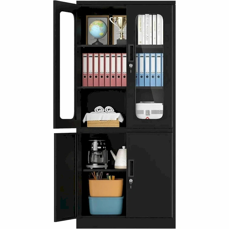 Meuble de rangement en acier noir/blanc à 5 niveaux avec portes vitrées verrouillables – Unité individuelle