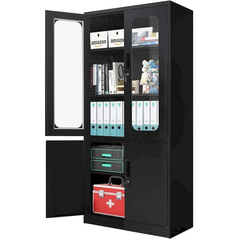 Meuble de rangement en acier noir/blanc à 5 niveaux avec portes vitrées verrouillables – Unité individuelle