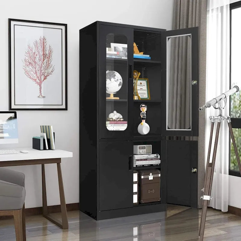 Meuble de rangement en acier noir/blanc à 5 niveaux avec portes vitrées verrouillables – Unité individuelle