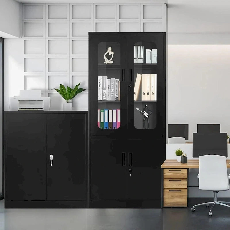 Meuble de rangement en acier noir/blanc à 5 niveaux avec portes vitrées verrouillables – Unité individuelle