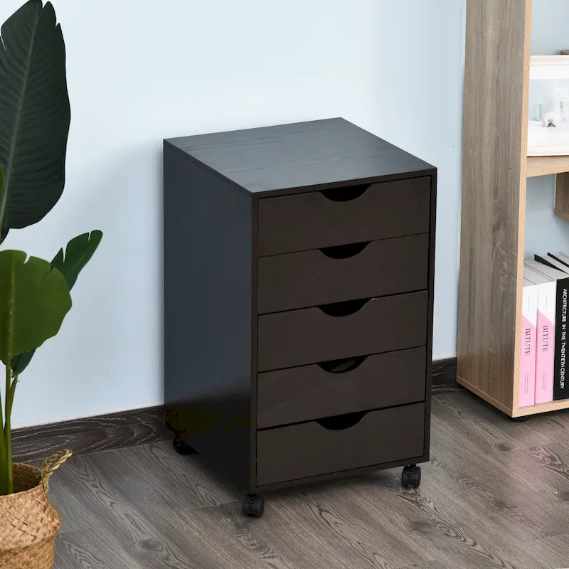 Meuble de rangement roulant à 5 tiroirs avec roulettes Noir/Brun/Blanc — 1 unité