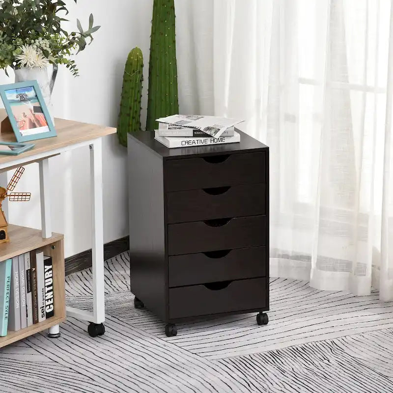 Meuble de rangement roulant à 5 tiroirs avec roulettes Noir/Brun/Blanc — 1 unité