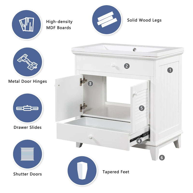 Meuble sous-vasque de salle de bain à porte à volet blanc et lavabo simple