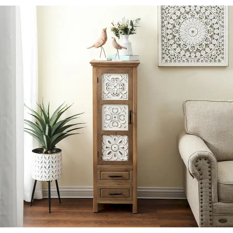 White and Brown Wood 2-Drawer and 1-Door Slim Storage Cabinet - 48.3  Tall