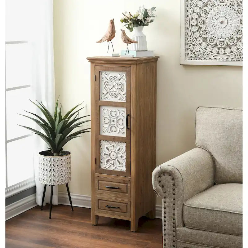 Meuble de rangement étroit 2 tiroirs 1 porte en bois naturel/blanc vieilli, 48,3" de haut – 1 personne