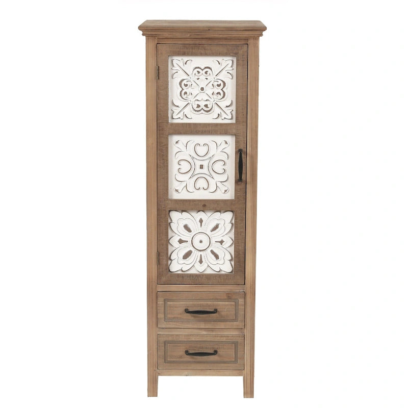 Meuble de rangement étroit 2 tiroirs 1 porte en bois naturel/blanc vieilli, 48,3" de haut – 1 personne