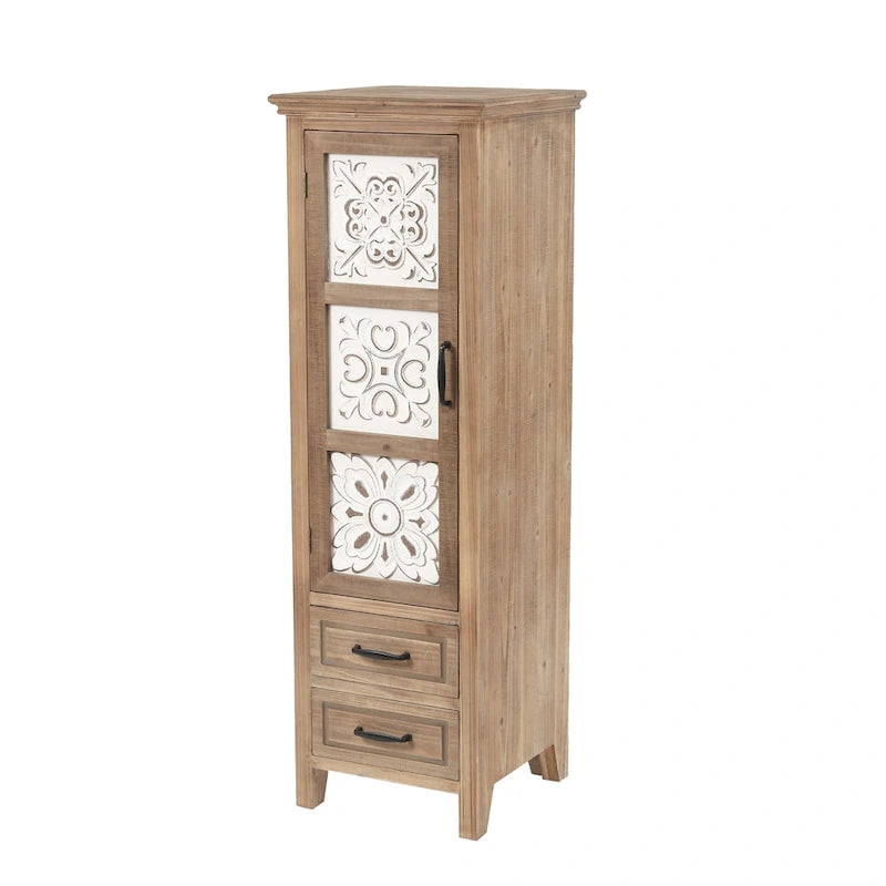 Meuble de rangement étroit 2 tiroirs 1 porte en bois naturel/blanc vieilli, 48,3" de haut – 1 personne