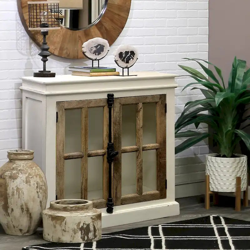 Meuble vitrine à deux portes blanc et naturel