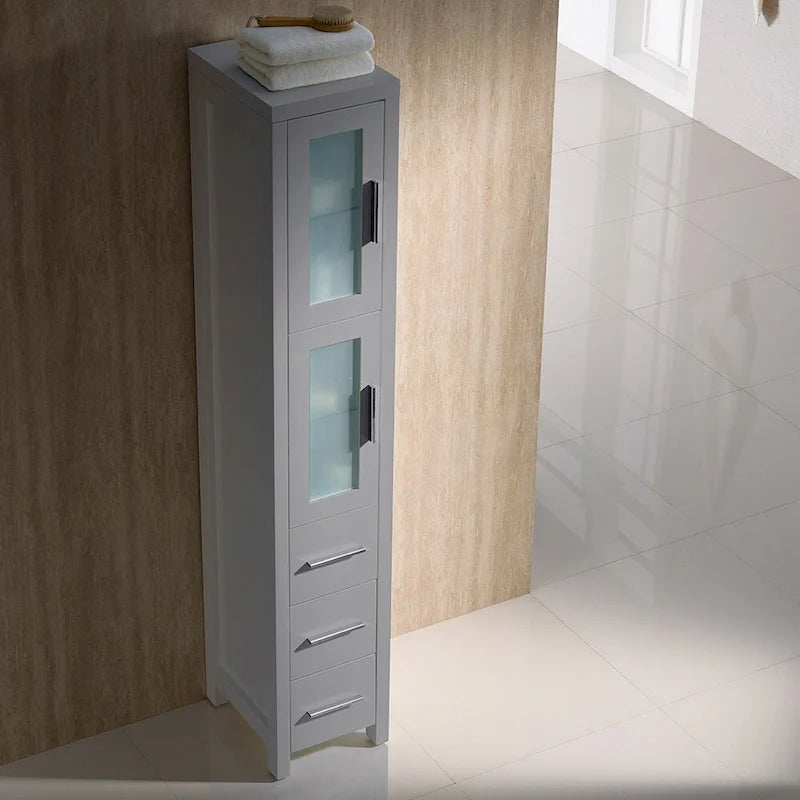 Colonne de salle de bain autoportante de 173 cm de hauteur, blanche, avec portes en verre dépoli