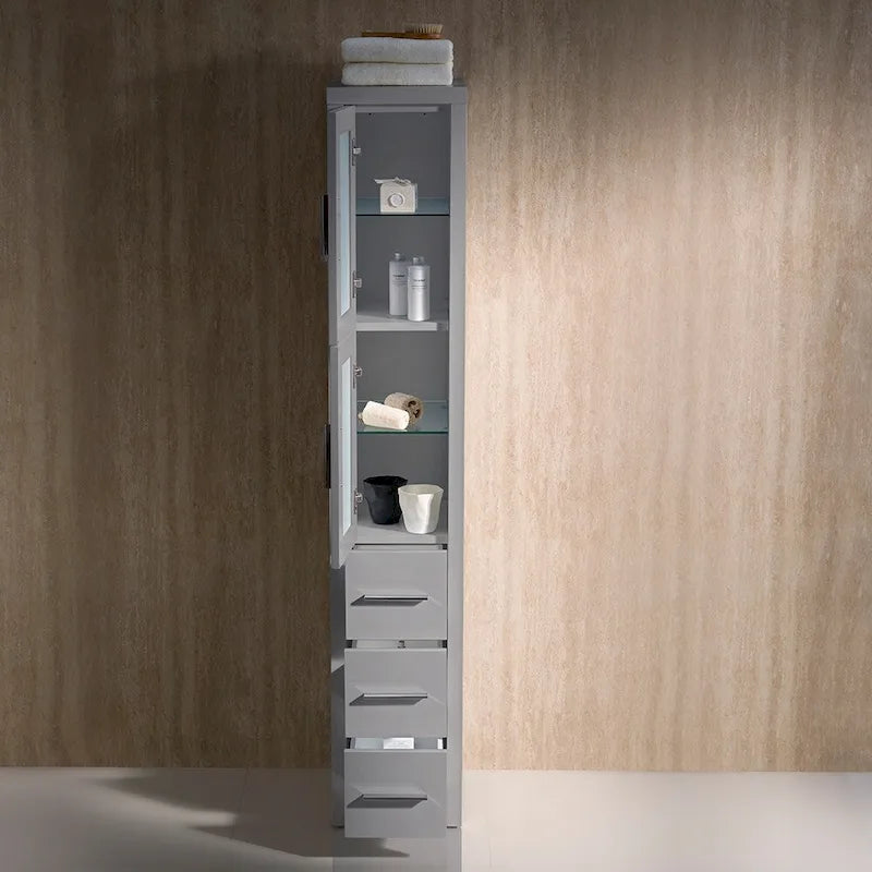 Colonne de salle de bain autoportante de 173 cm de hauteur, blanche, avec portes en verre dépoli