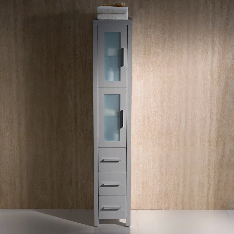 Colonne de salle de bain autoportante de 173 cm de hauteur, blanche, avec portes en verre dépoli