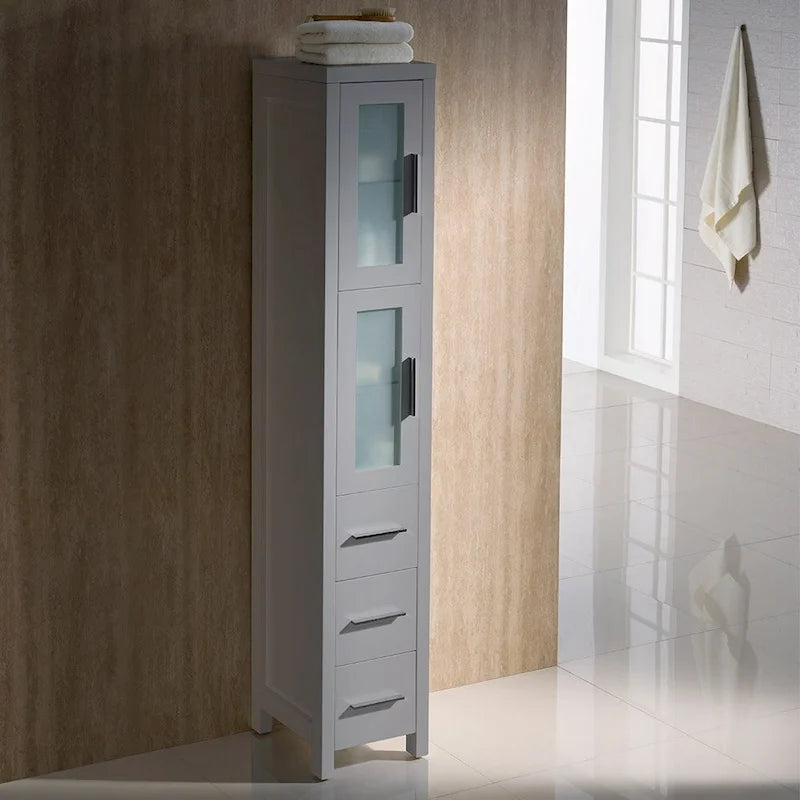 Colonne de salle de bain autoportante de 173 cm de hauteur, blanche, avec portes en verre dépoli