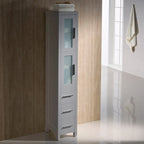 Colonne de salle de bain autoportante de 173 cm de hauteur, blanche, avec portes en verre dépoli