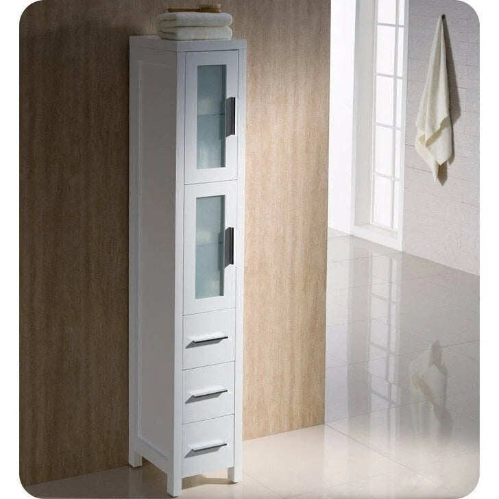Colonne de salle de bain autoportante de 173 cm de hauteur, blanche, avec portes en verre dépoli