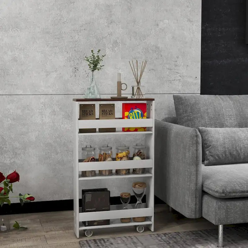 Chariot de rangement roulant mince à 4 niveaux – Blanc / Noir / Gris / Blanc cassé, assemblage par 1 personne