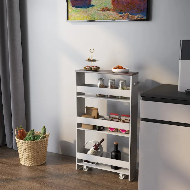 Chariot de rangement roulant mince à 4 niveaux – Blanc / Noir / Gris / Blanc cassé, assemblage par 1 personne