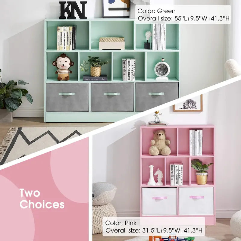 Étagère verte à 3 niveaux et 10 cubes avec 3 tiroirs en tissu