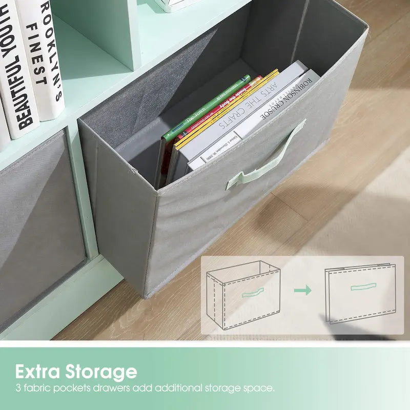 Étagère verte à 3 niveaux et 10 cubes avec 3 tiroirs en tissu