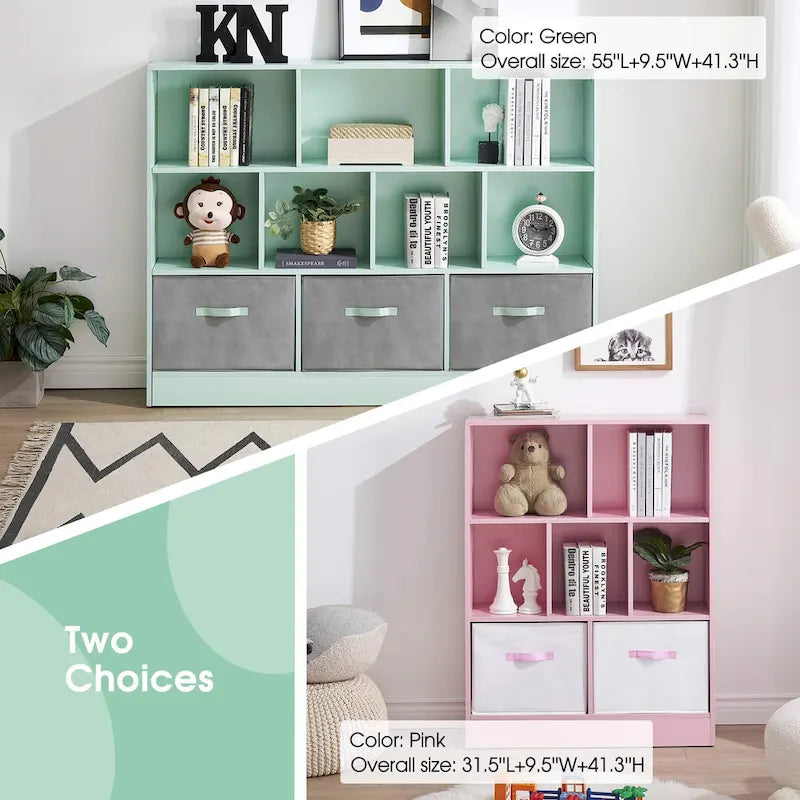 Étagère verte à 3 niveaux et 10 cubes avec 3 tiroirs en tissu