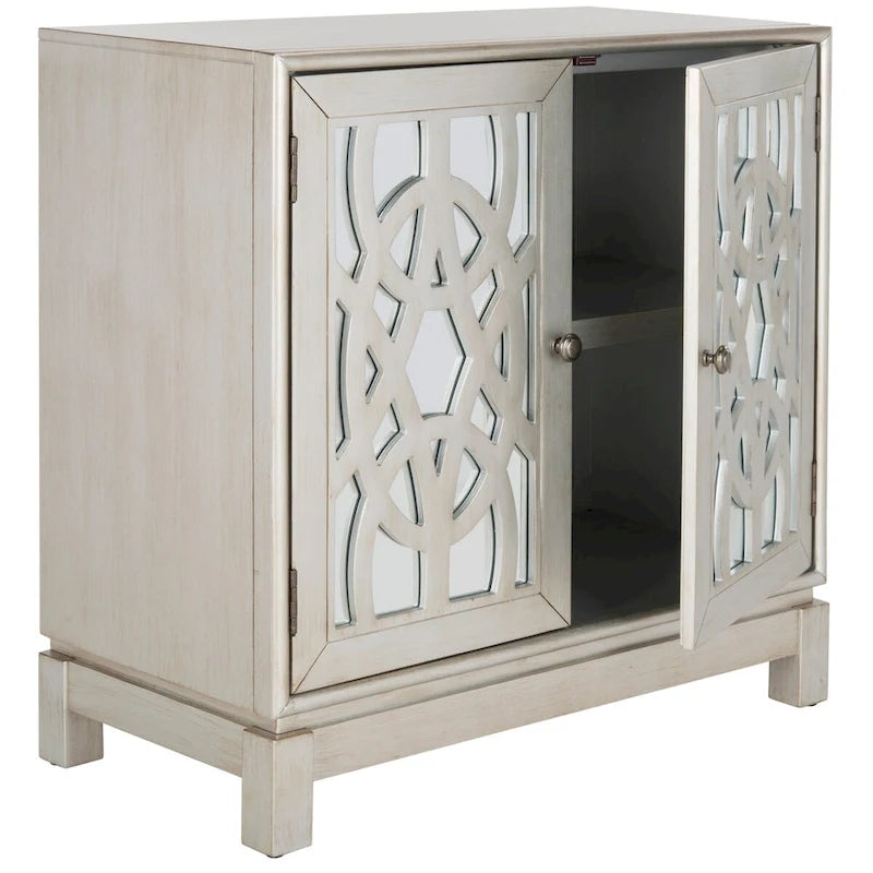 Commode de rangement argentée à 2 portes, 32 larg. x 16 prof. x 33 haut. po
