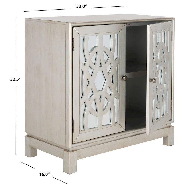 Commode de rangement argentée à 2 portes, 32 larg. x 16 prof. x 33 haut. po