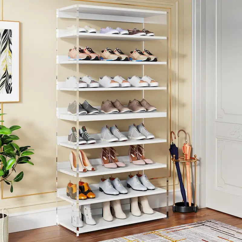 Étagère à chaussures blanche à 9 niveaux avec côtés en acrylique, 27-36 paires