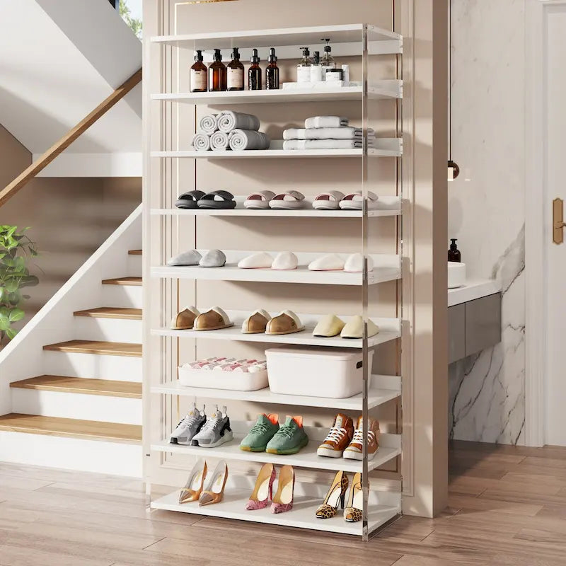 Étagère à chaussures blanche à 9 niveaux avec côtés en acrylique, 27-36 paires