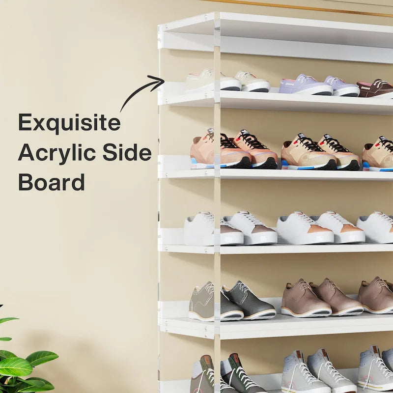 Étagère à chaussures blanche à 9 niveaux avec côtés en acrylique, 27-36 paires